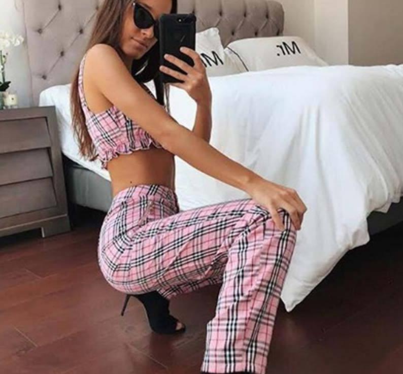 Pink Plaid Crop Top & Trousers Set