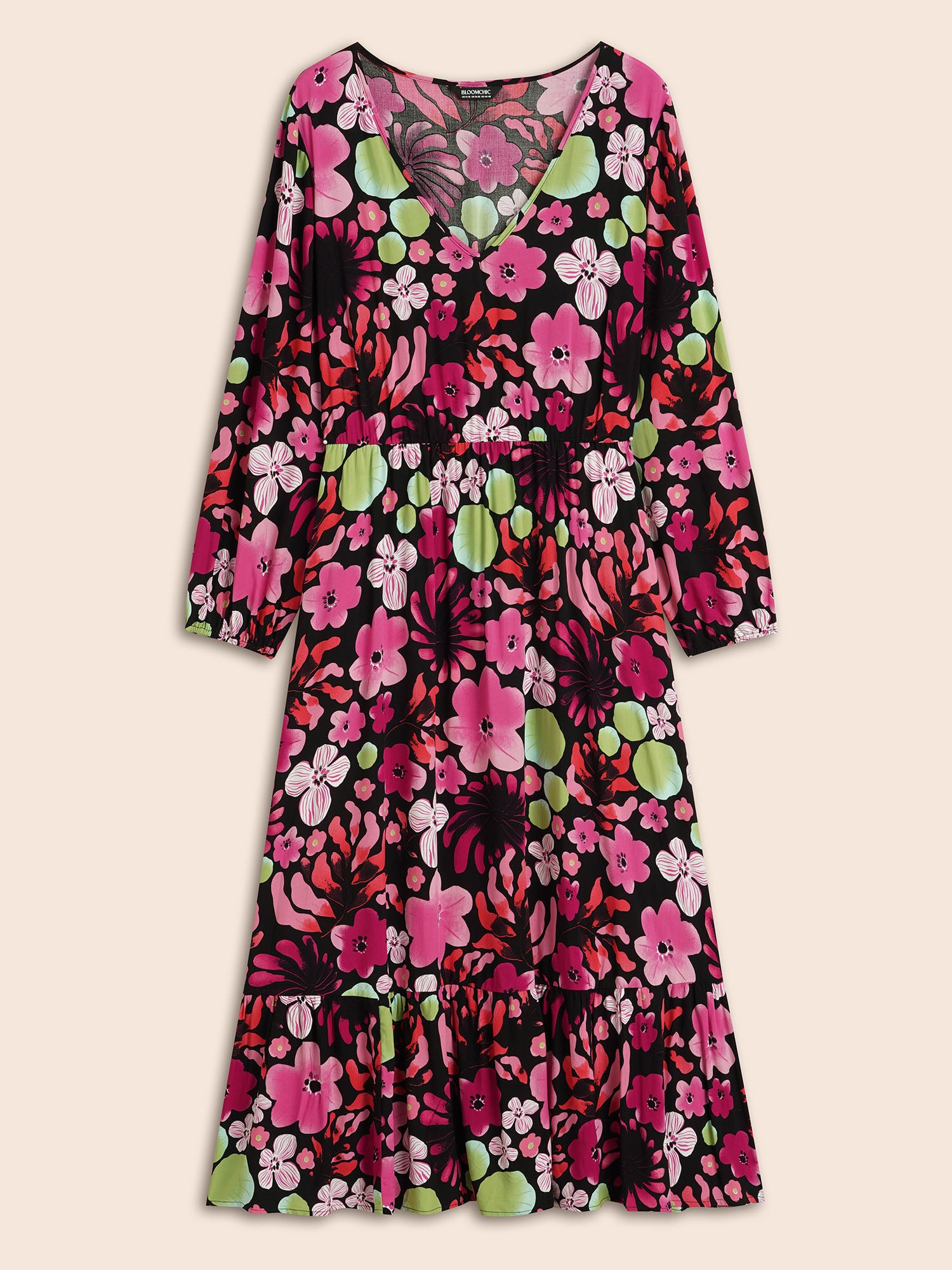 Floral V Neck Lantern Sleeve Dress