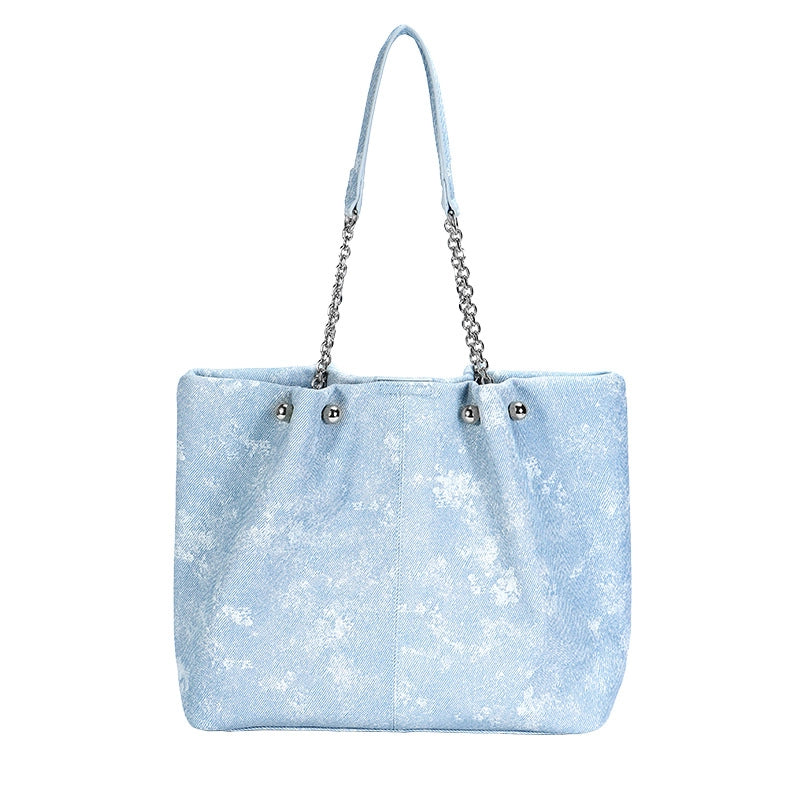 Women's Bag New Ink Blue Tote Bag Women's Advanced Large Capacity Denim Pattern Chain Shoulder Handbag