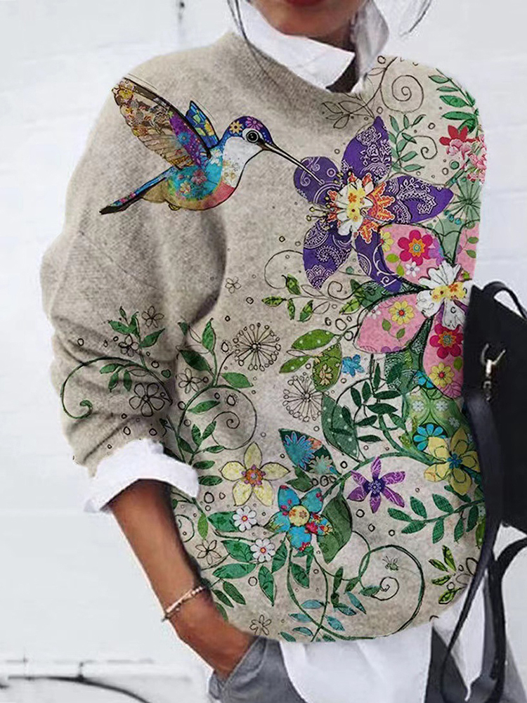 Stylish Flower Bird Contrast Print Loose Top