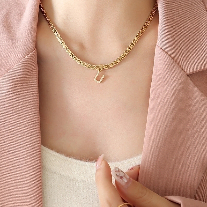 Fashion Letter 304 Stainless Steel Copper Zircon 18K Gold Plated Plating Pendant Necklace