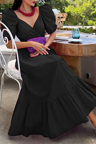 Vintage V-neck Swing Sundress Puff Sleeve Party Maxi Dress