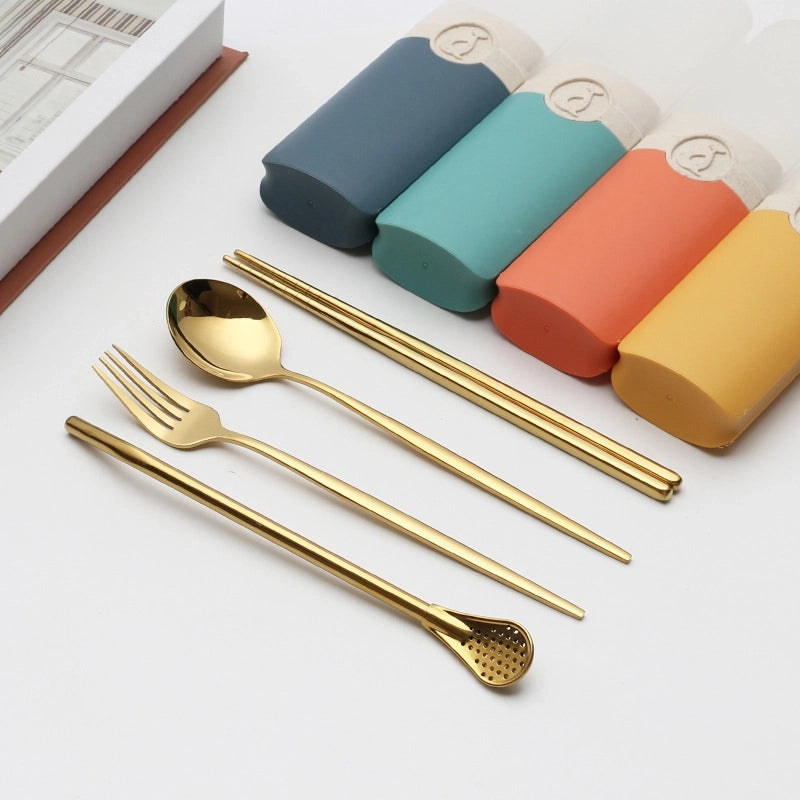Retro Pastoral Color Block Stainless Steel Spoon Fruit Knife Fruit Fork 1 Set