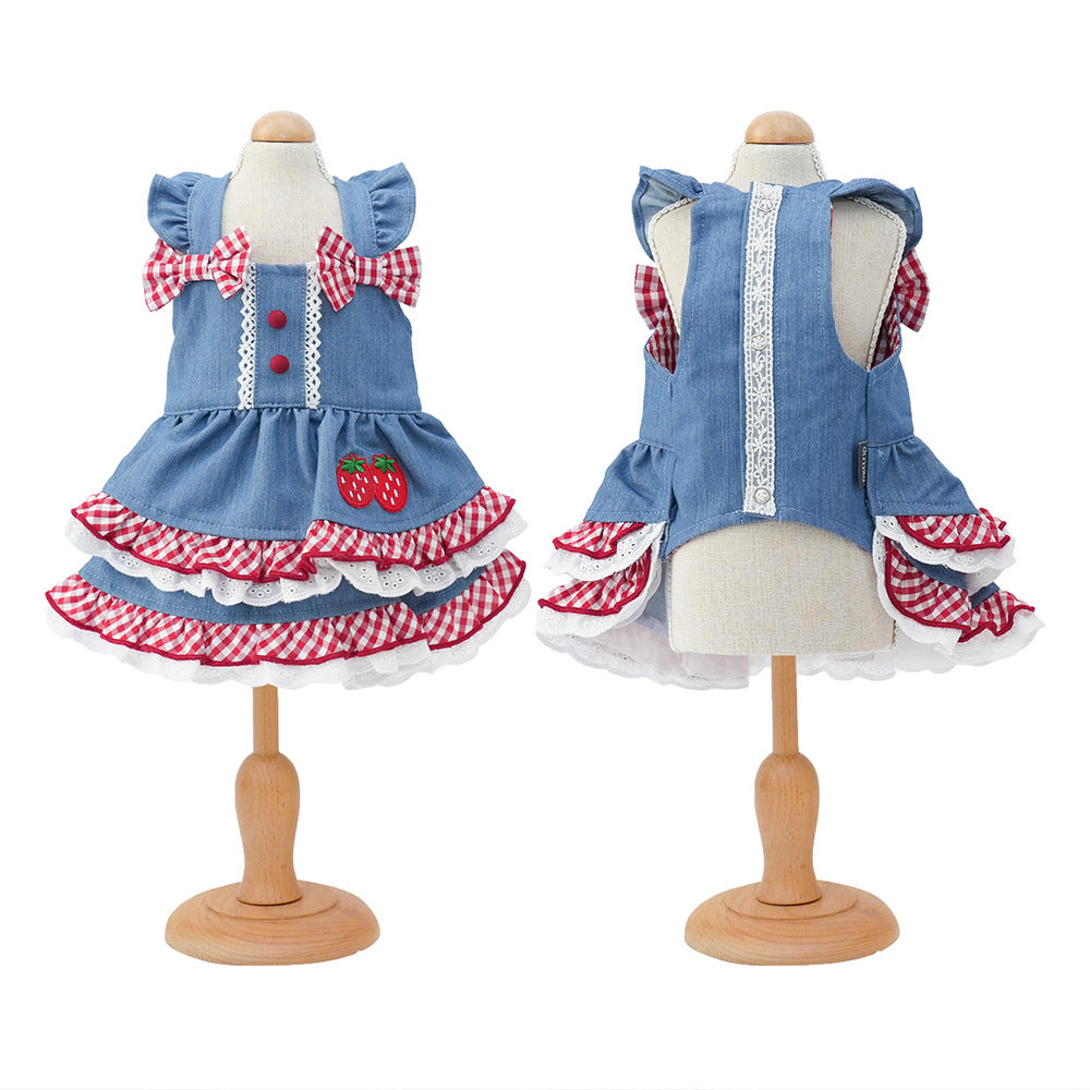 Sweet Strawberry Pattern Denim Dog Cat Dress