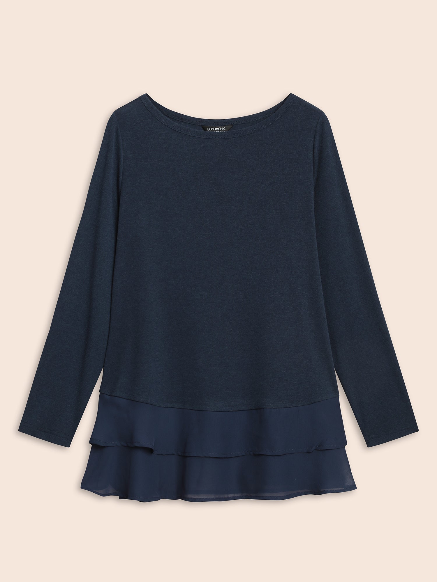 Boat Neck Patchwork Mesh Ruffles Top