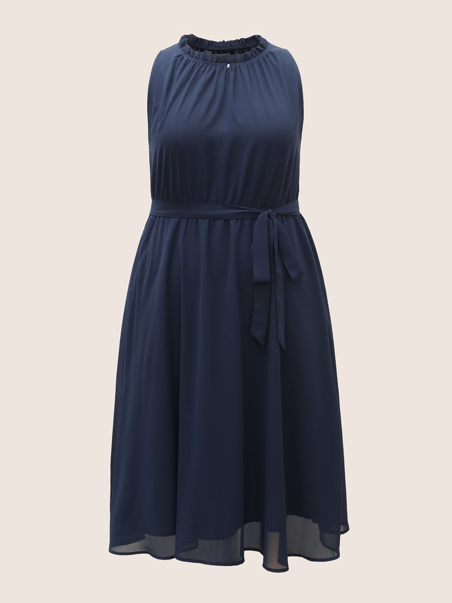 Plain Sleeveless Frill Trim Pocket Belted Mock Neck Dress