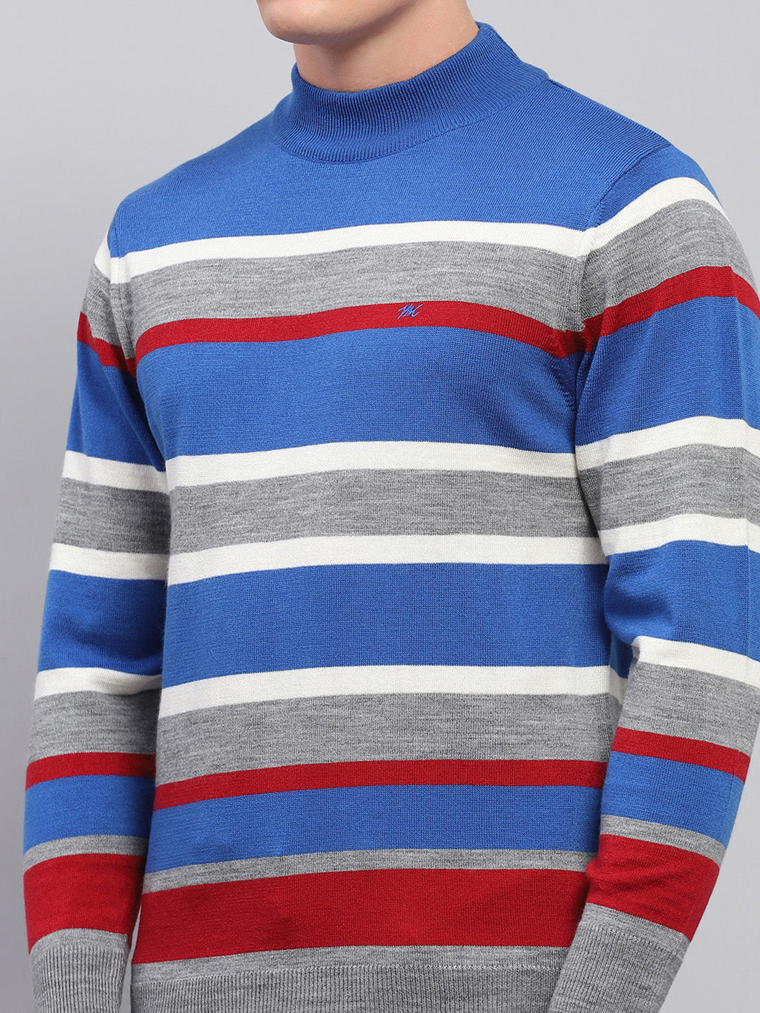 Men Grey Stripe High Neck Full Sleeve Pullover