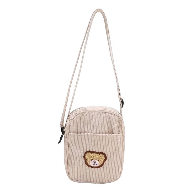 Women's Small Corduroy Bear Cute Streetwear Square Zipper Crossbody Bag