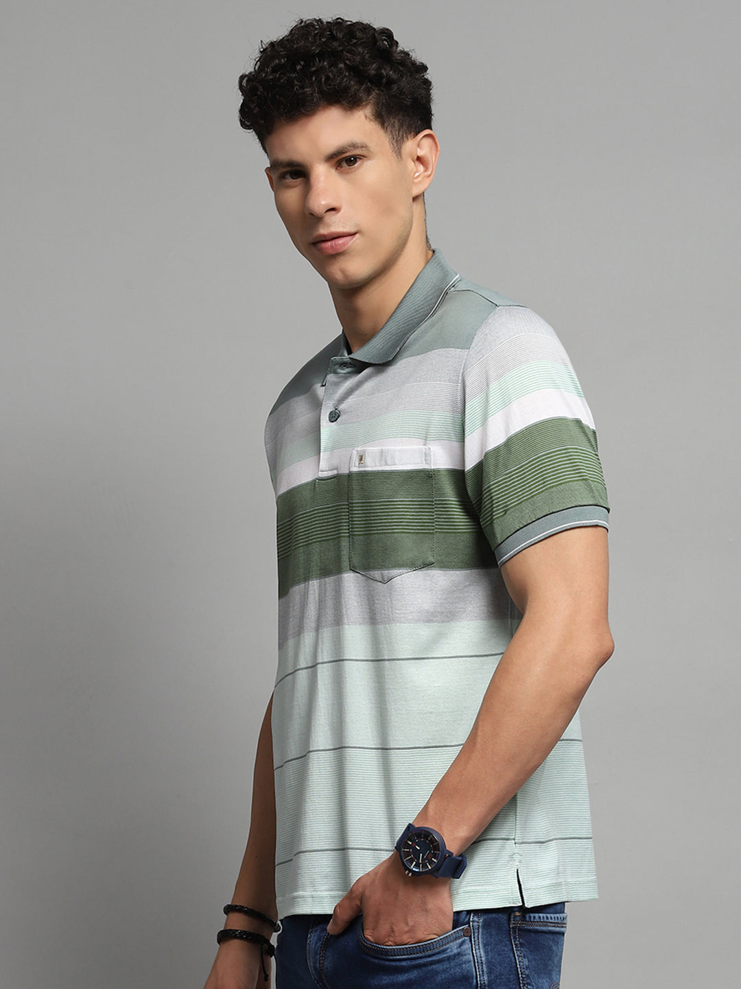 Men Green Stripe Collar Half Sleeve T-Shirt