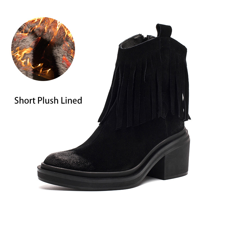 Western R Toe Cowgirl Boots With Tassels Handmade Suede Ankle Boots in Black/Brown
