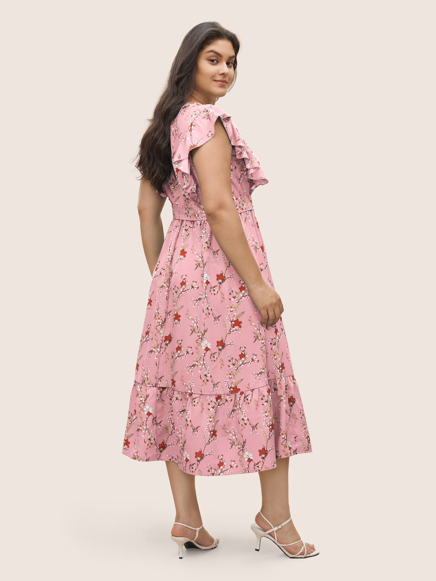 Ditsy Floral Flutter Trim Pocket Layered Hem Dress