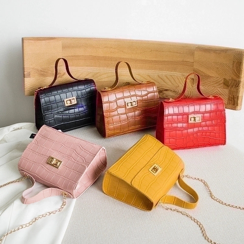Women's Pu Leather Solid Color Crocodile Elegant Classic Style Metal Button Square Lock Clasp Shoulder Bag Handbag Crossbody Bag