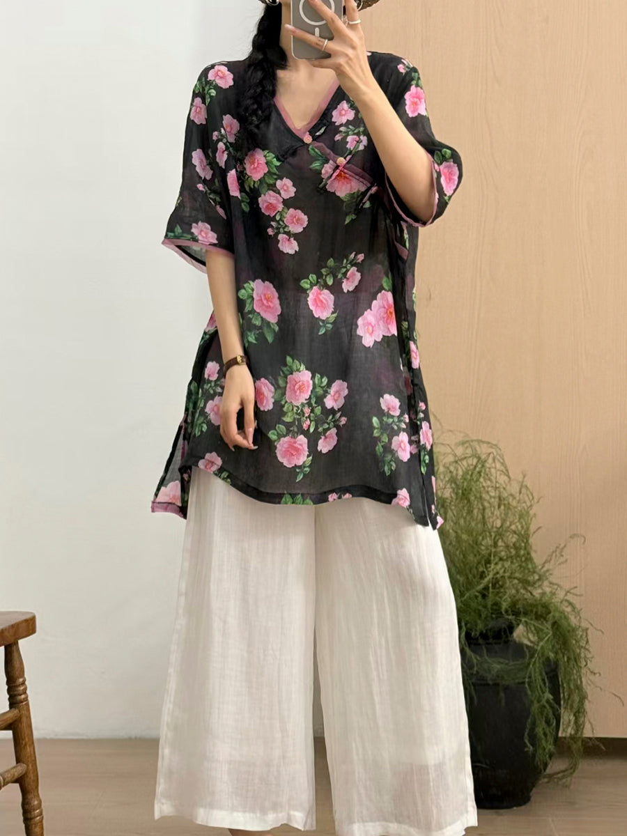 Women Summer Vintage Flower V-Neck 100%Ramie Shirt