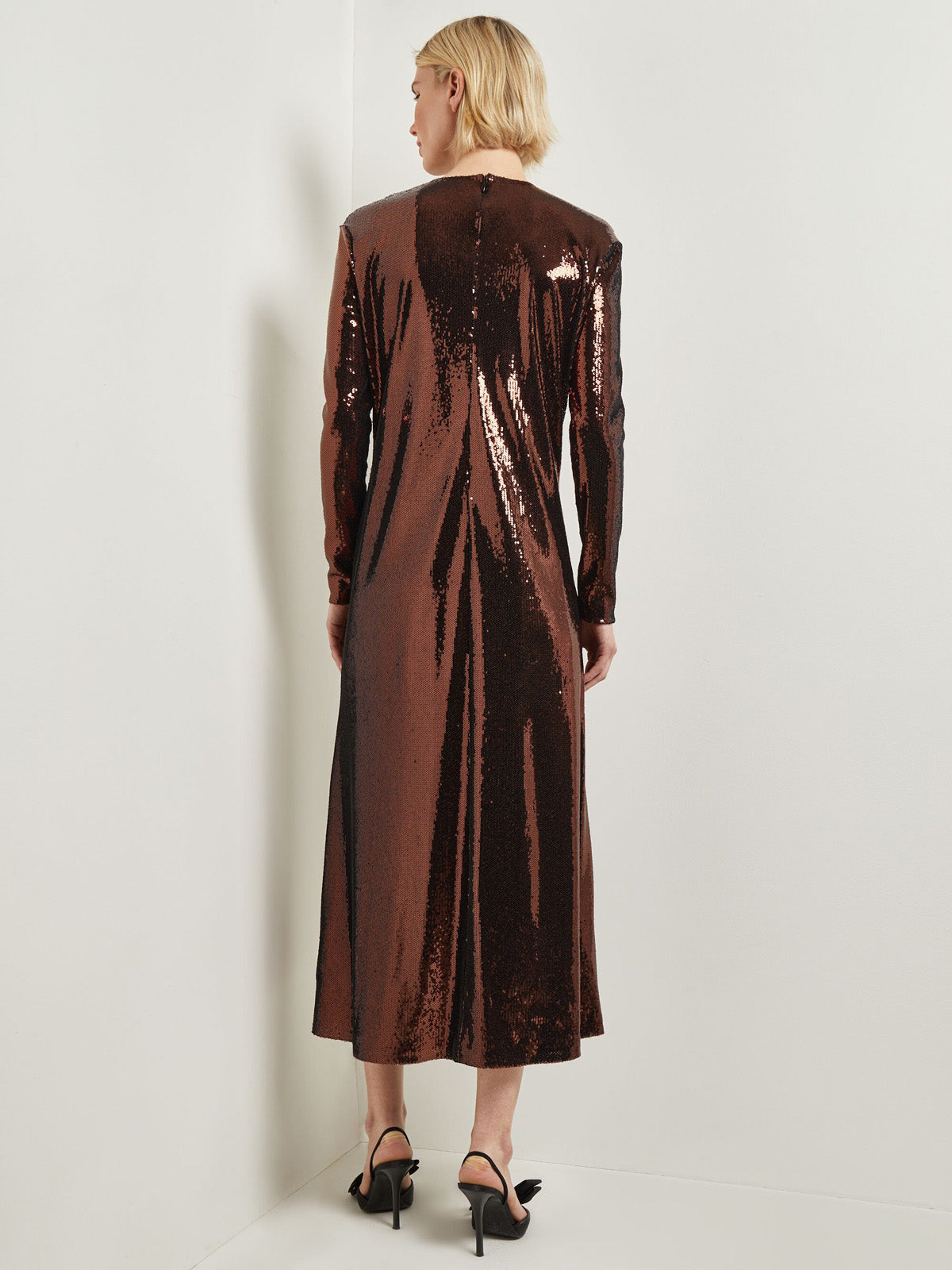 Modern Fit Sheer Shoulder Sequin A-Line Maxi Dress