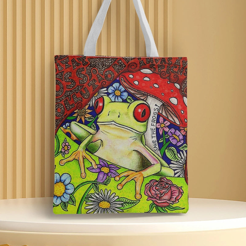 Women's Canvas Cartoon Frog Basic Classic Style Square Open Canvas Bag