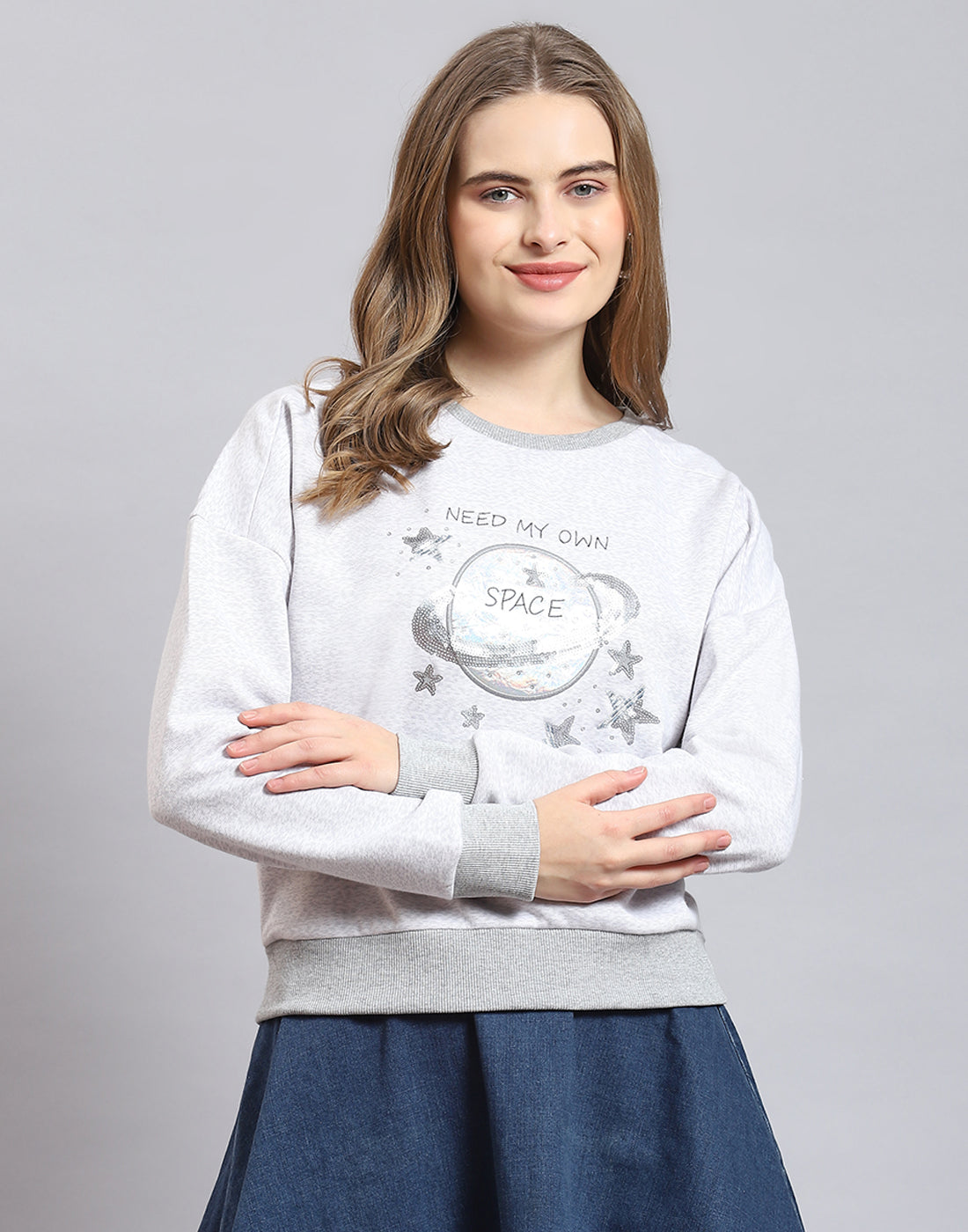 Women Grey Melange Embellished Round Neck Full Sleeve Sweatshirt