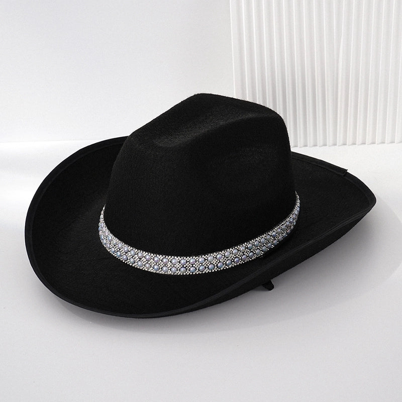 Explosions Solid Color Double Row Pearl Decorated Rhinestone Cowboy Hat. Bosnian Style Party Wear