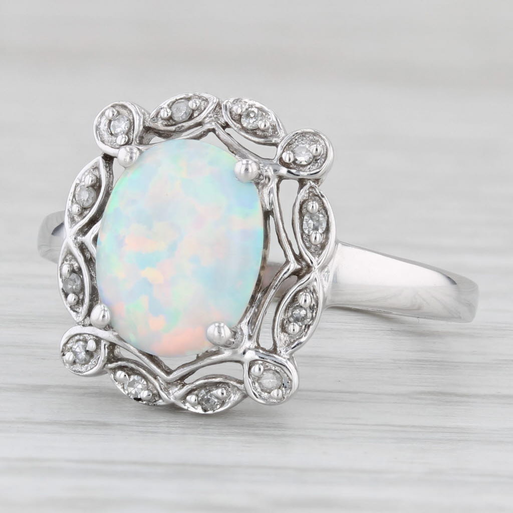 Lab Created Opal Diamond Halo Ring 10k White Gold Size 7.25 Oval Cabochon