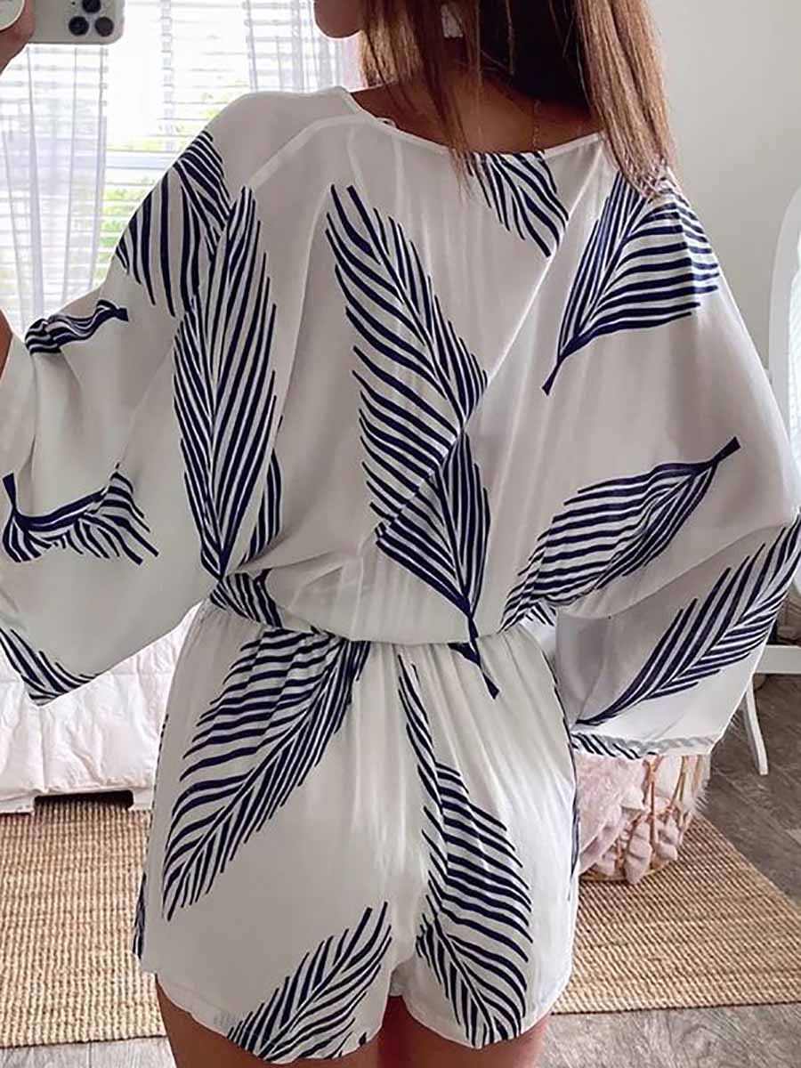 Plant Print Bat Sleeve Kimono Romper