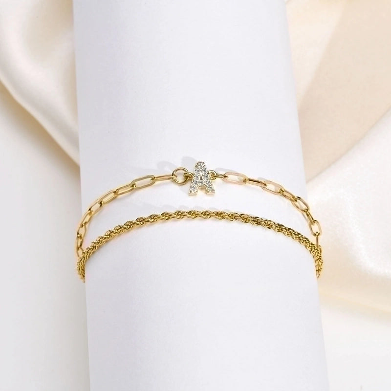 201 Stainless Steel 18K Gold Plated IG Style Inlay Letter Zircon Bracelets