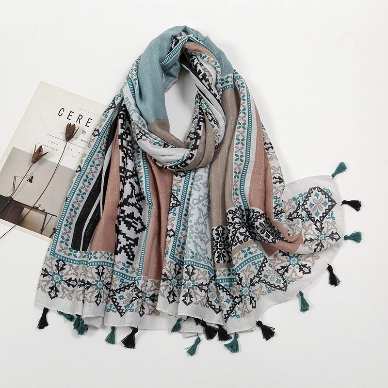 Women'S Sweet Flower Cotton And Linen Tassel Scarf