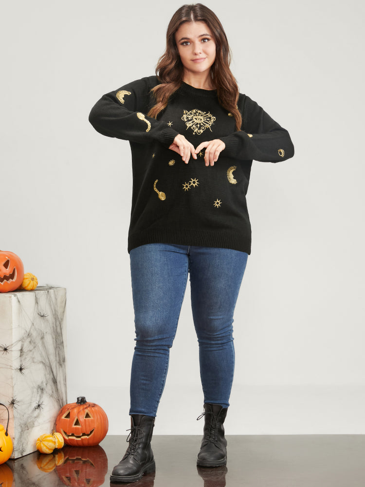 Halloween Moon And Star Pointelle Knit Embroidered Knit Top