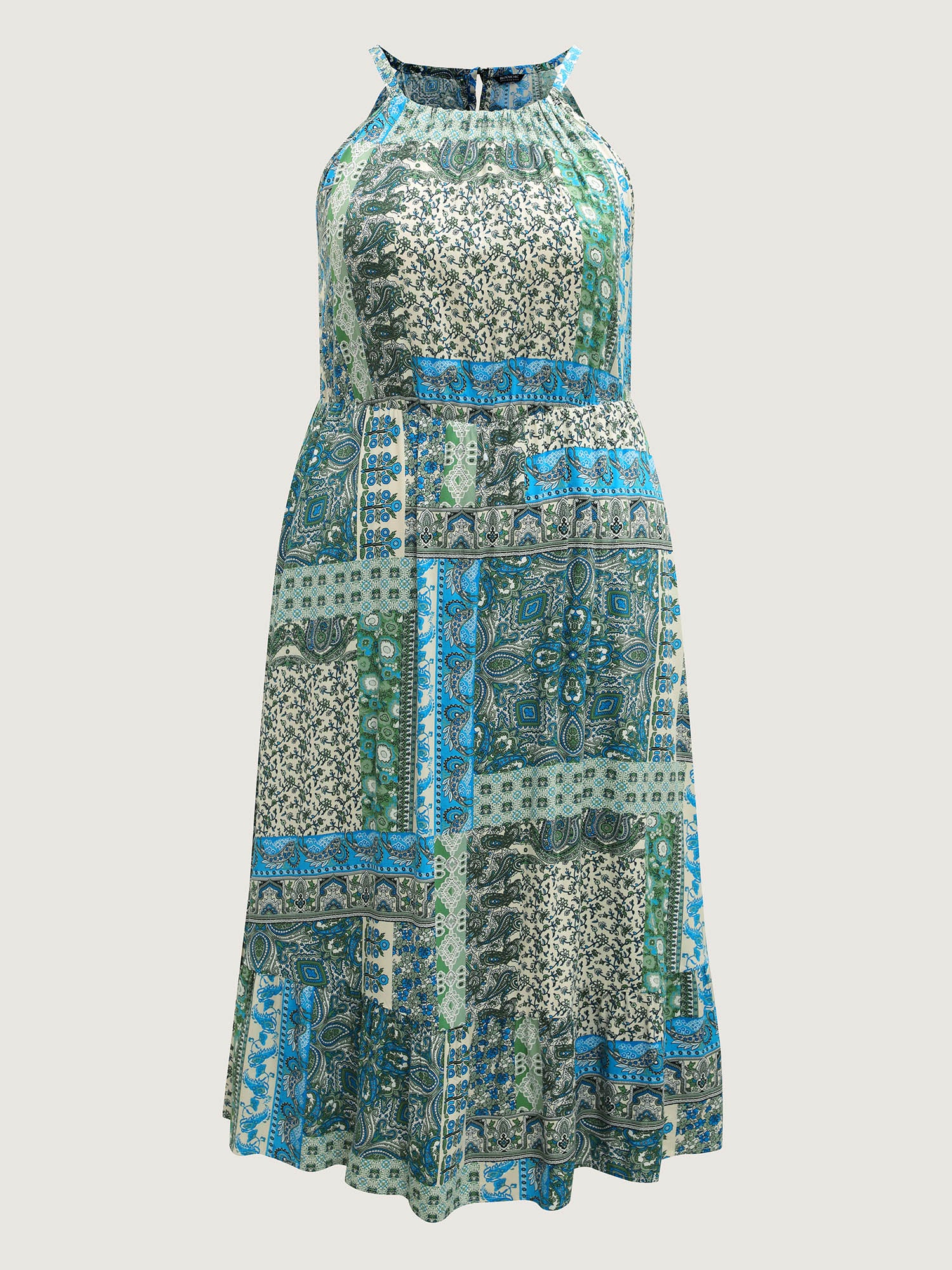 Boho Print Halter Neck Pockets Midi Dress