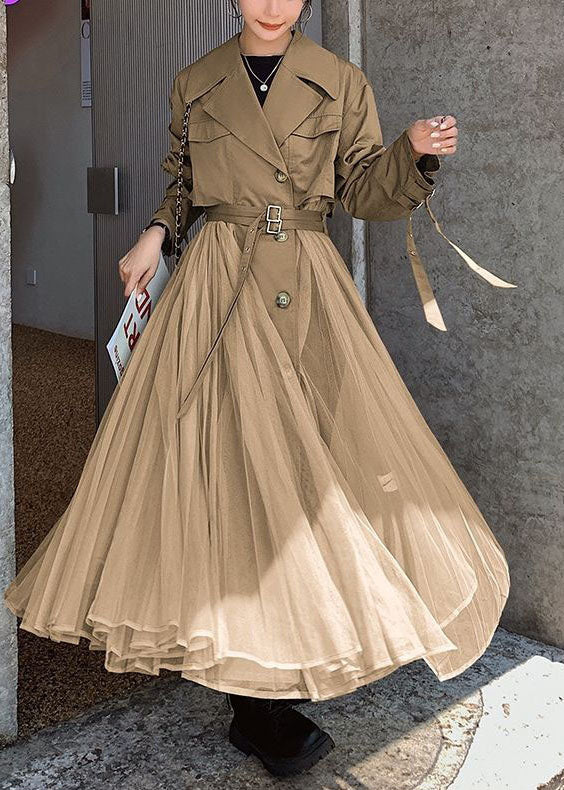 Women Khaki Peter Pan Collar Tulle Patchwork Cotton Trench Coat Long Sleeve