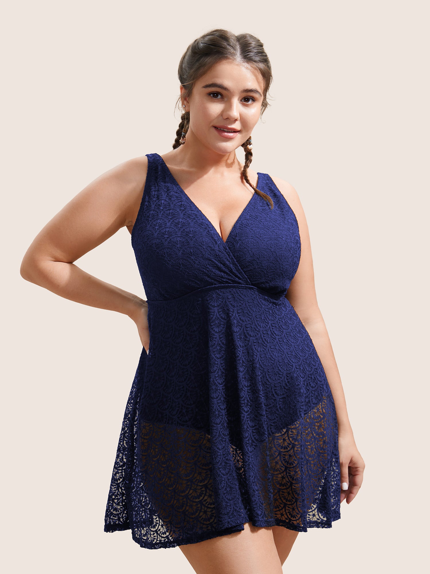 Solid Crochet Lace Mesh Adjustable Straps Swim Dress