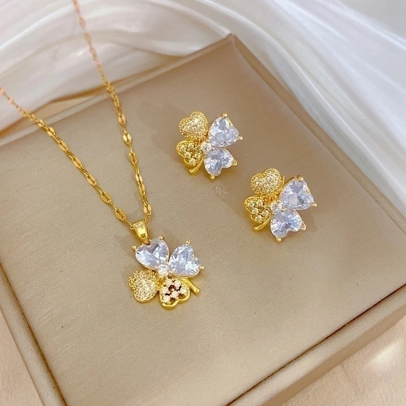 Copper Minimalist Plating Inlay Rhombus Bow Knot Zircon Jewelry Set