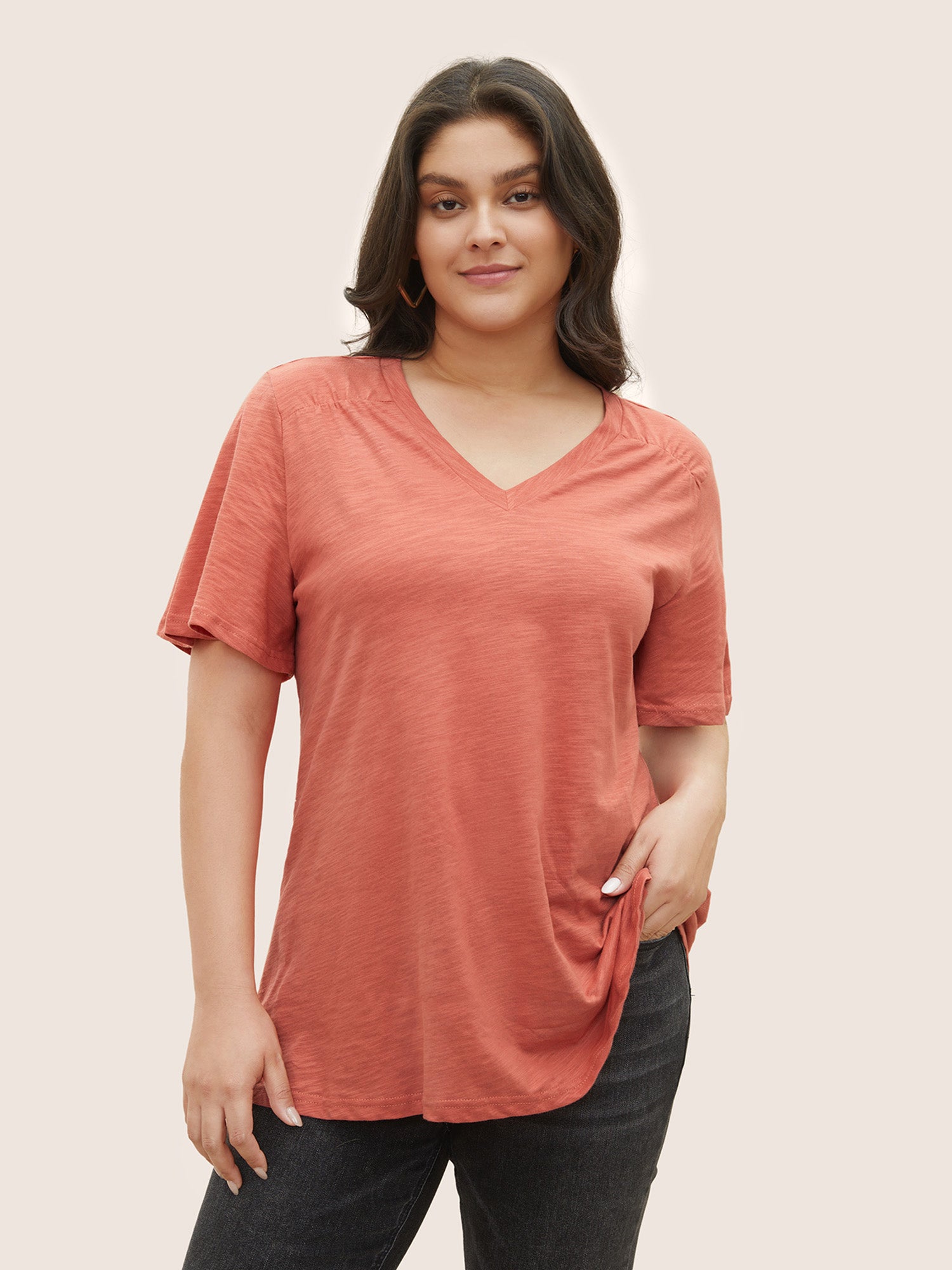 Plain Ruffle Sleeve Heather V Neck T-shirt