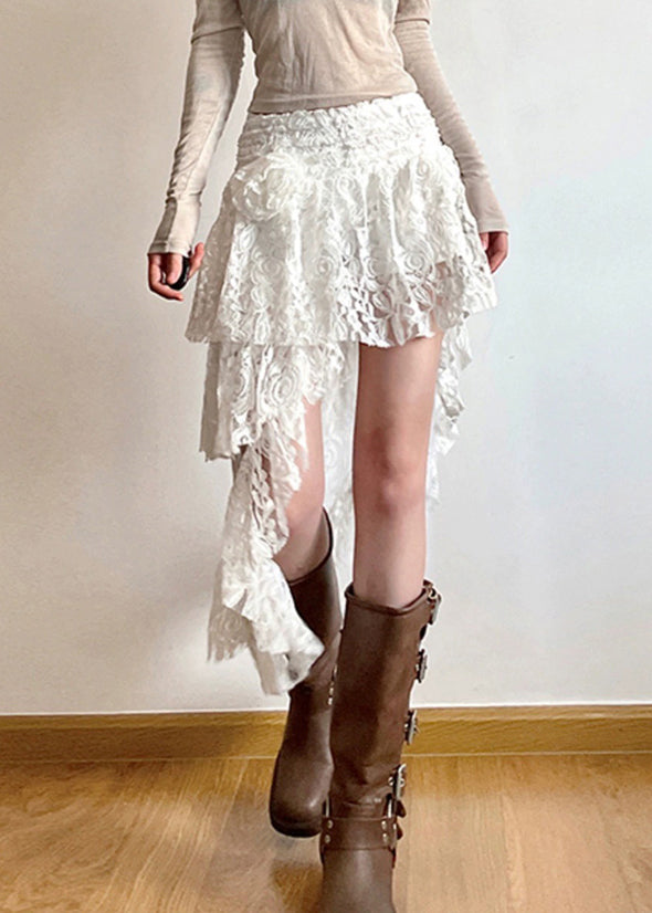 New White Asymmetrical High Waist Lace Skirts Summer