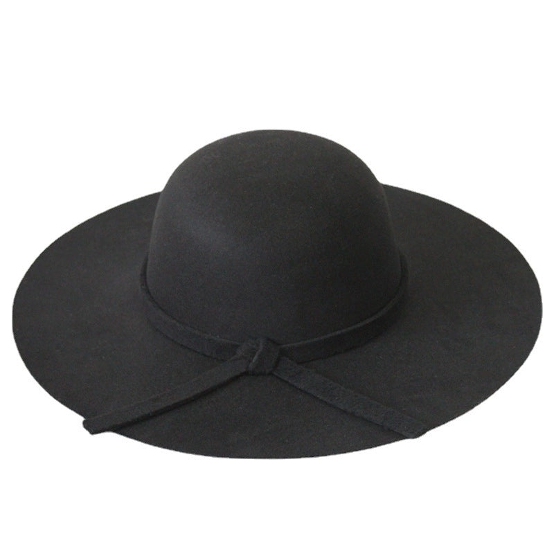 Black Retro Big Brim Hat Woolen Hat Female Autumn And Winter Trendy Casual Dome Top Hat Female