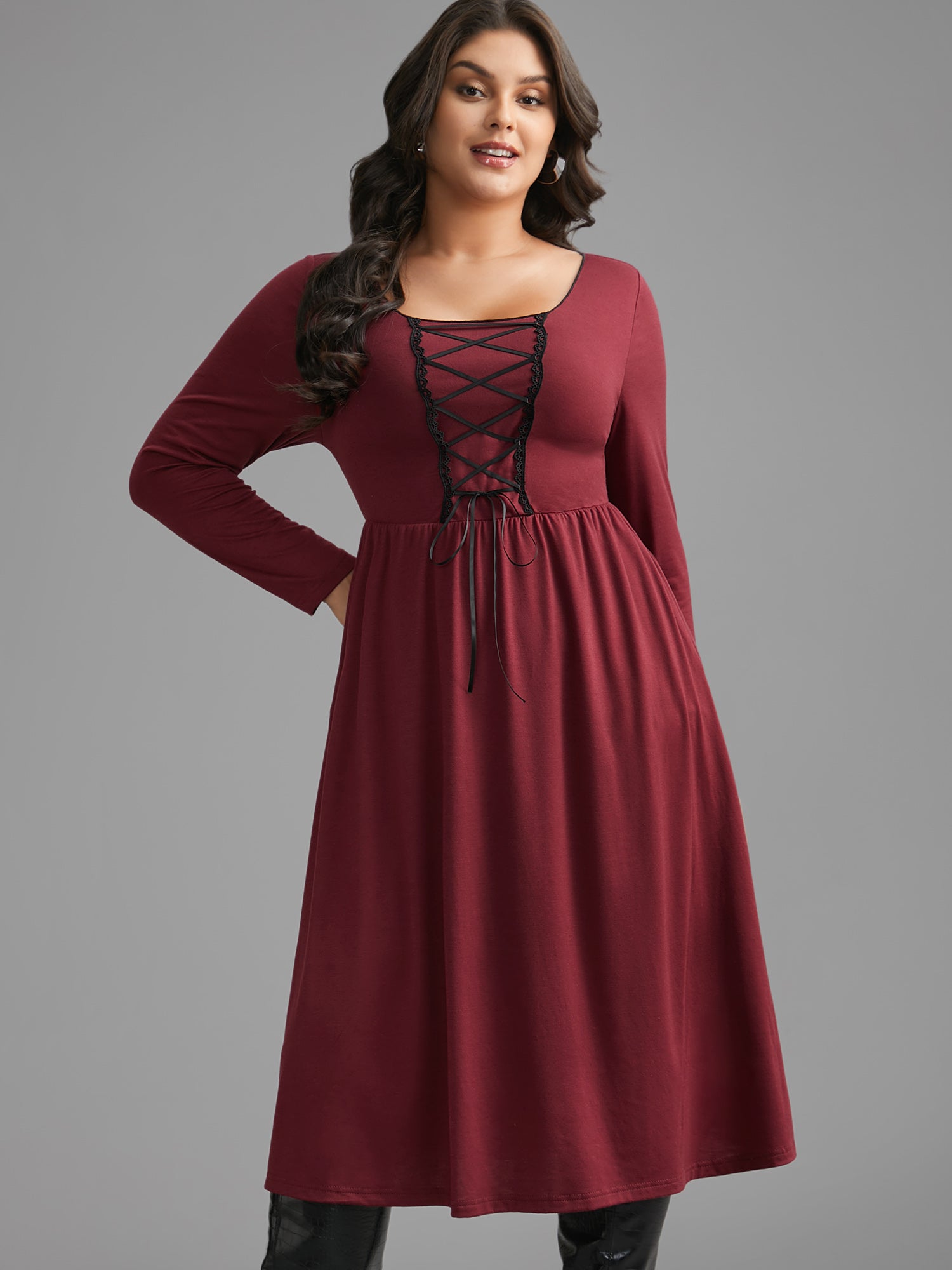Square Neck Lace Panel Lace Up Dress