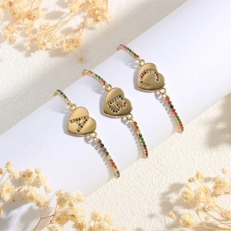 Copper 18K Gold Plated Elegant Romantic Sweet Letter Heart Shape Inlay Zircon Bracelets