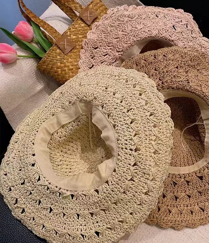 Elegante Sombrero De Paja De Crochet Con Detalle De Volantes