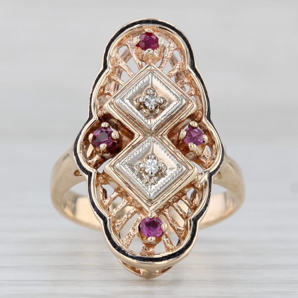 Vintage Diamond Ruby Filigree Ring 10k Yellow White Gold Size 6