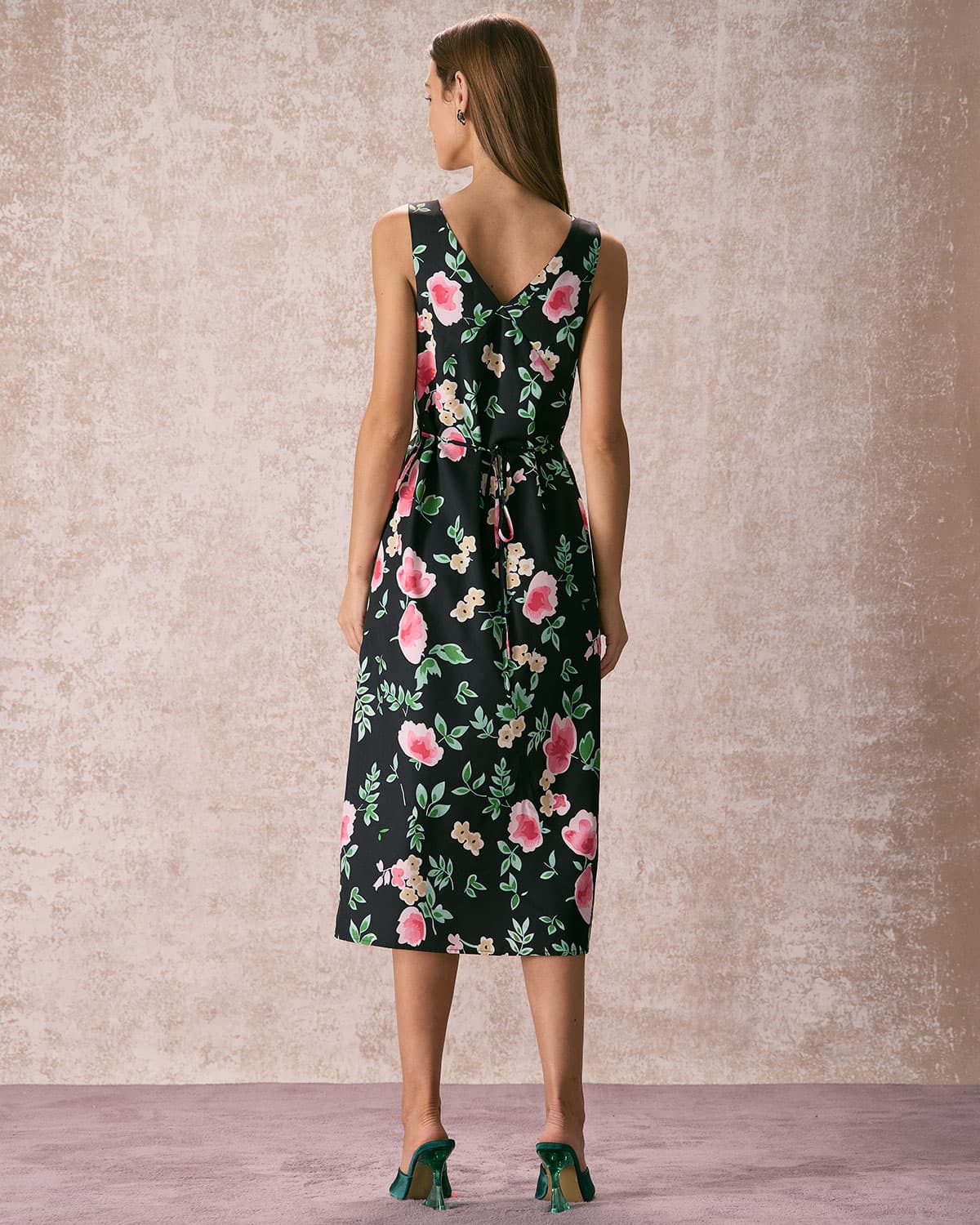 The Black V Neck Tie Back Floral Midi Dress