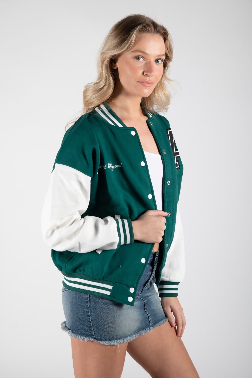 FOREST GREEN CONTRAST SLEEVE LETTER A UNISEX VARSITY JACKET