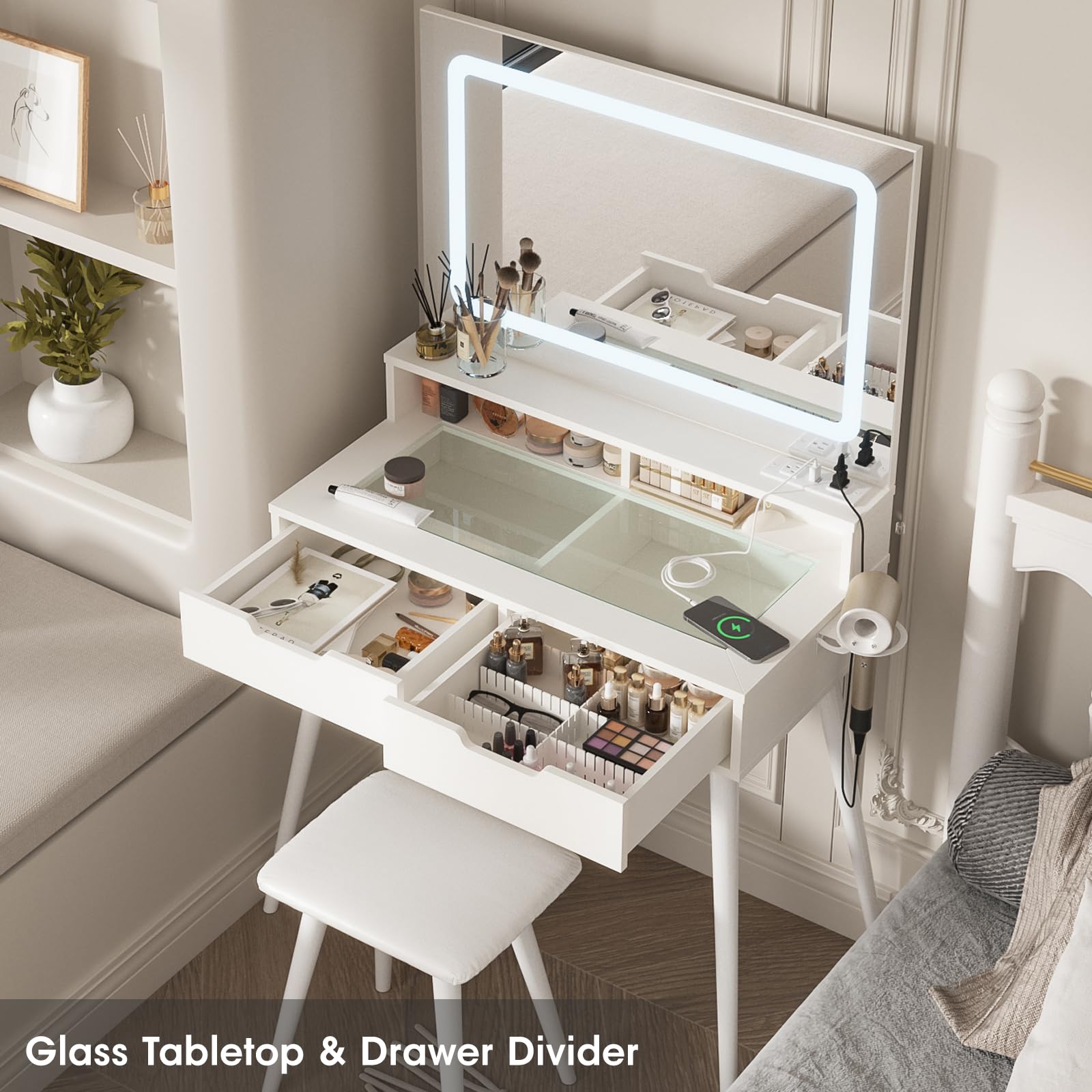 Glass Tabletop Vanity Table Set with Stool,Small Makeup Vanity with Drawers for Bedroom