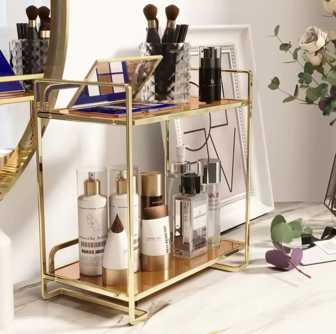 LIGHT LUXURY BATHROOM SHELF RACK COSMETICS ORGANIZER FOR DRESSING TABLE - SQUARE SHAPE