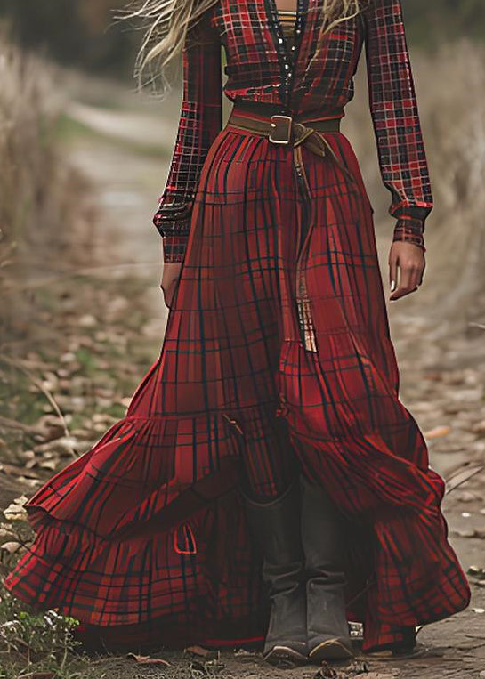 Vintage Red V Neck Plaid Patchwork Cotton Ankle Dress Spring