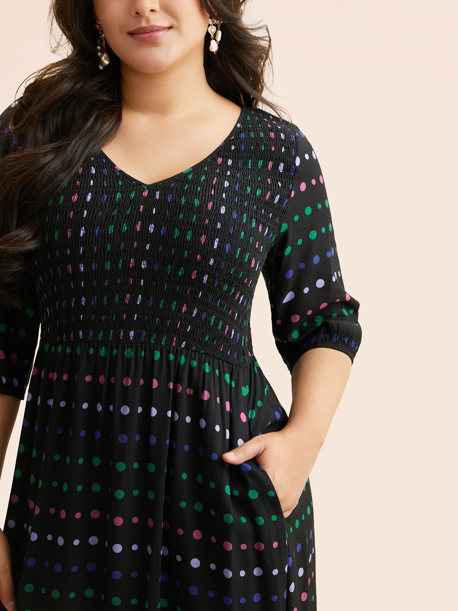 Polka Dot Shirred Lantern Sleeve Dress