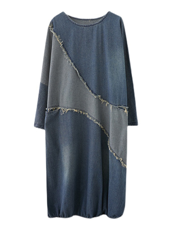 Original Loose Denim Contrast Color Round-Neck Long Sleeves Midi Dress
