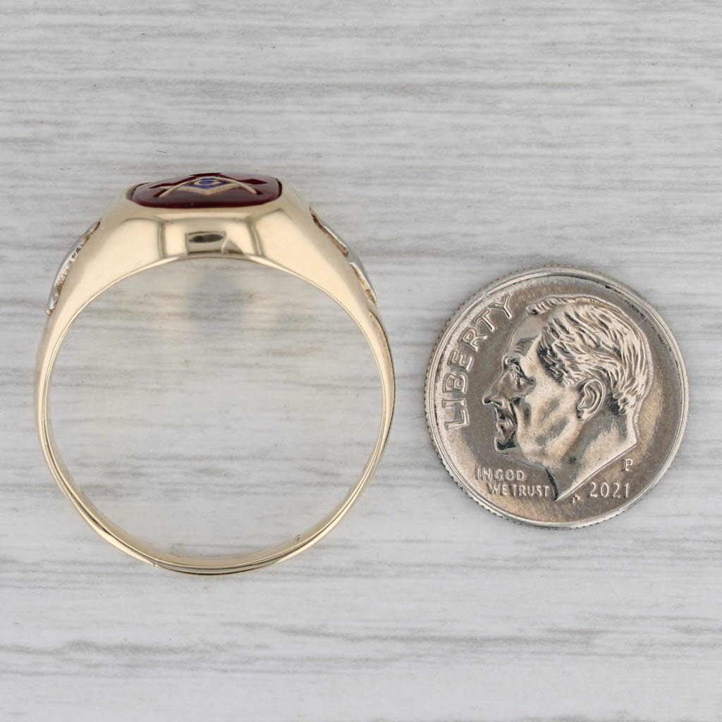 Masonic Square Compass Signet Ring 10k Gold Lab Created Ruby Vintage Blue Lodge