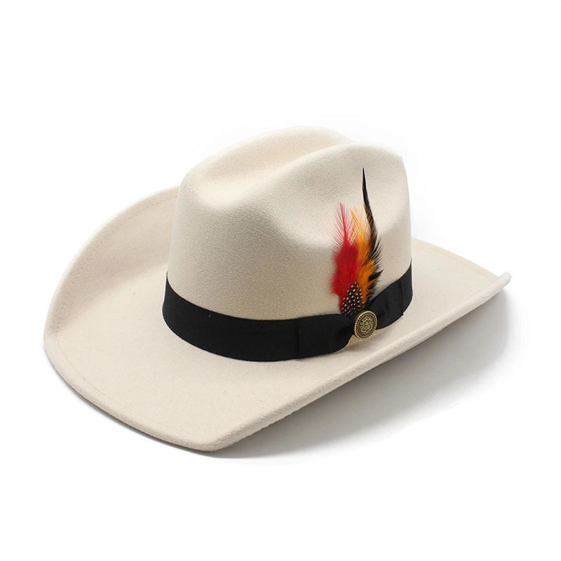 Men's Woolen Western Black Cowboy Hat Feather Hump Autumn And Winter Riding Fashion Hat