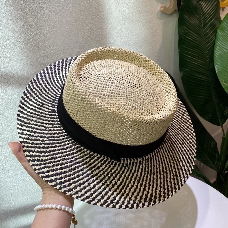 Women's Retro French Style Color Block Straps Wide Eaves Straw Hat