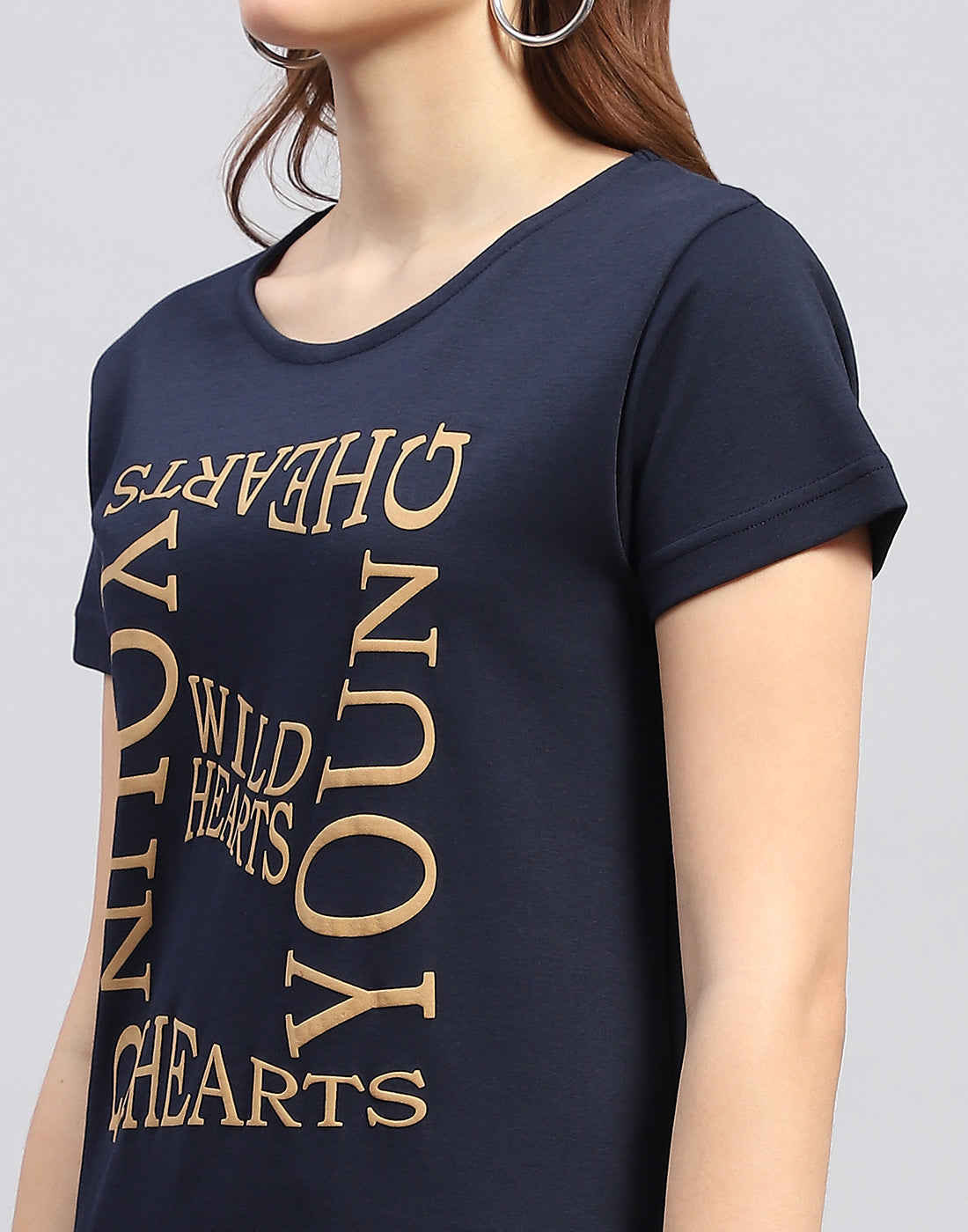 Women Navy Blue Printed Round Neck Half Sleeve Top