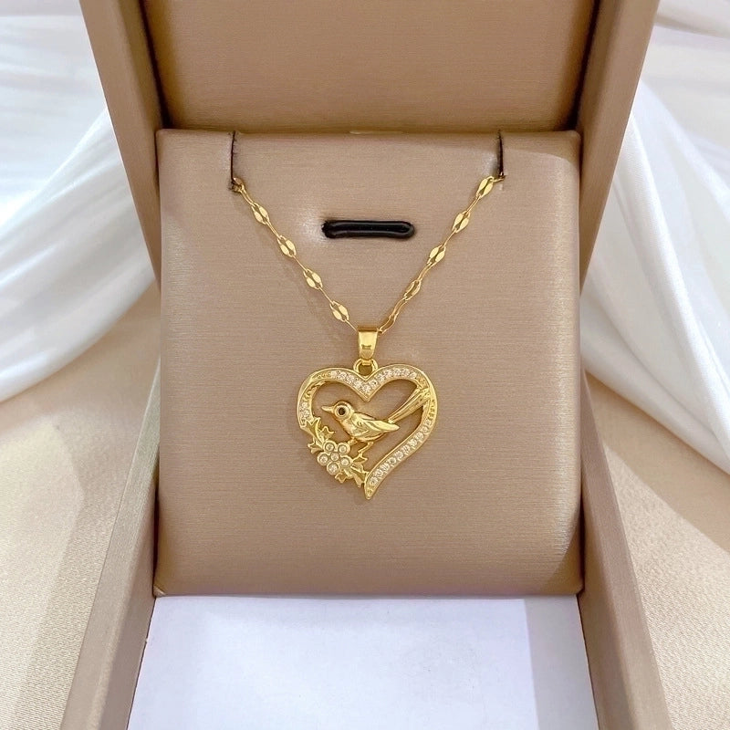 2 Pieces Minimalist Classic Style Geometric Heart Shape Titanium Steel Copper Zircon Pendant Necklace In Bulk