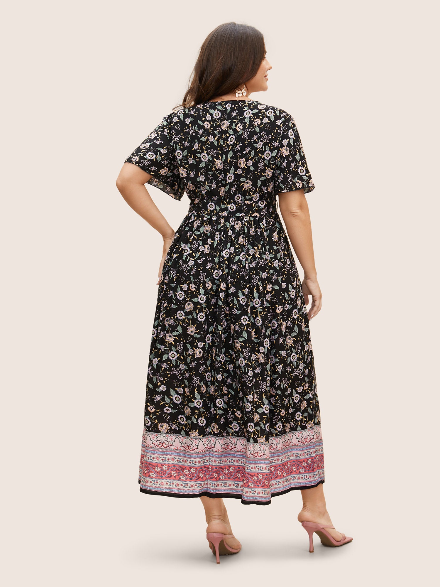 Bandana Surplice Neck Pocket Belted Flutter Hem Maxi Dress